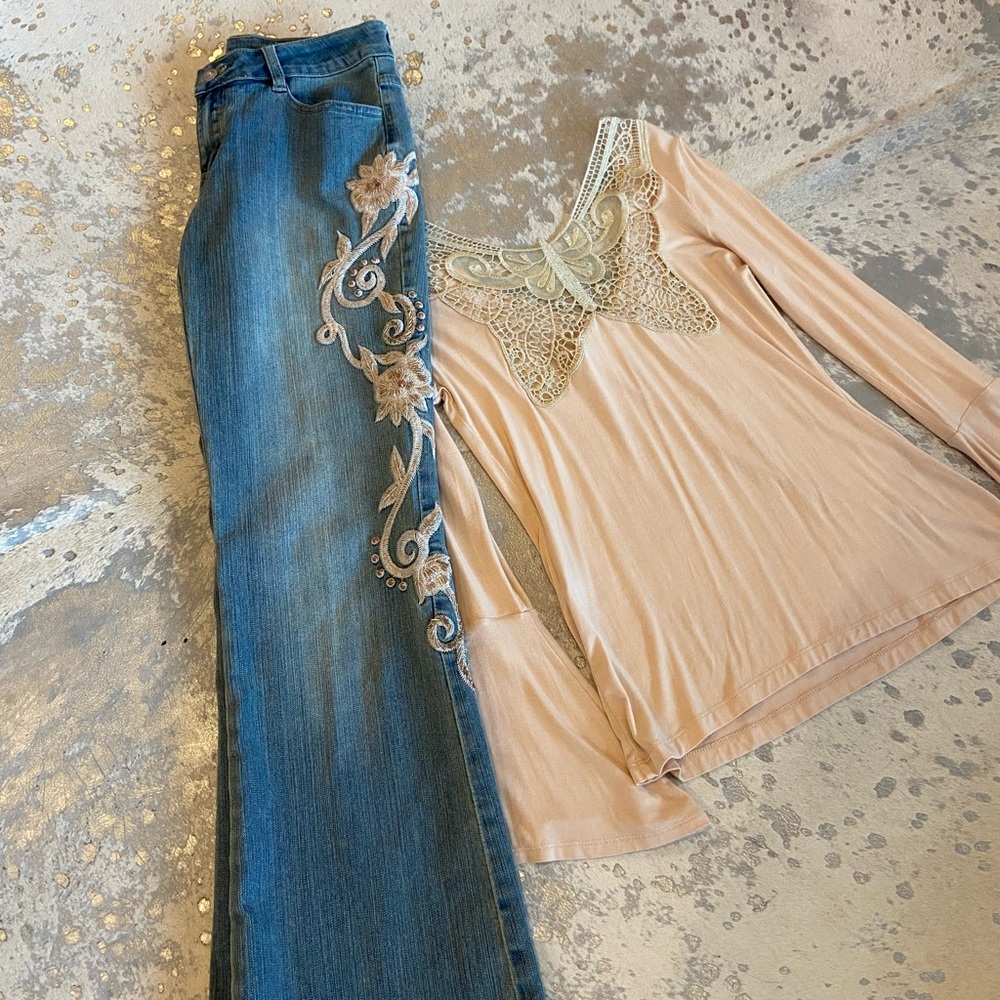 Embroidered Embellished Jean and Butterfly Lace Top